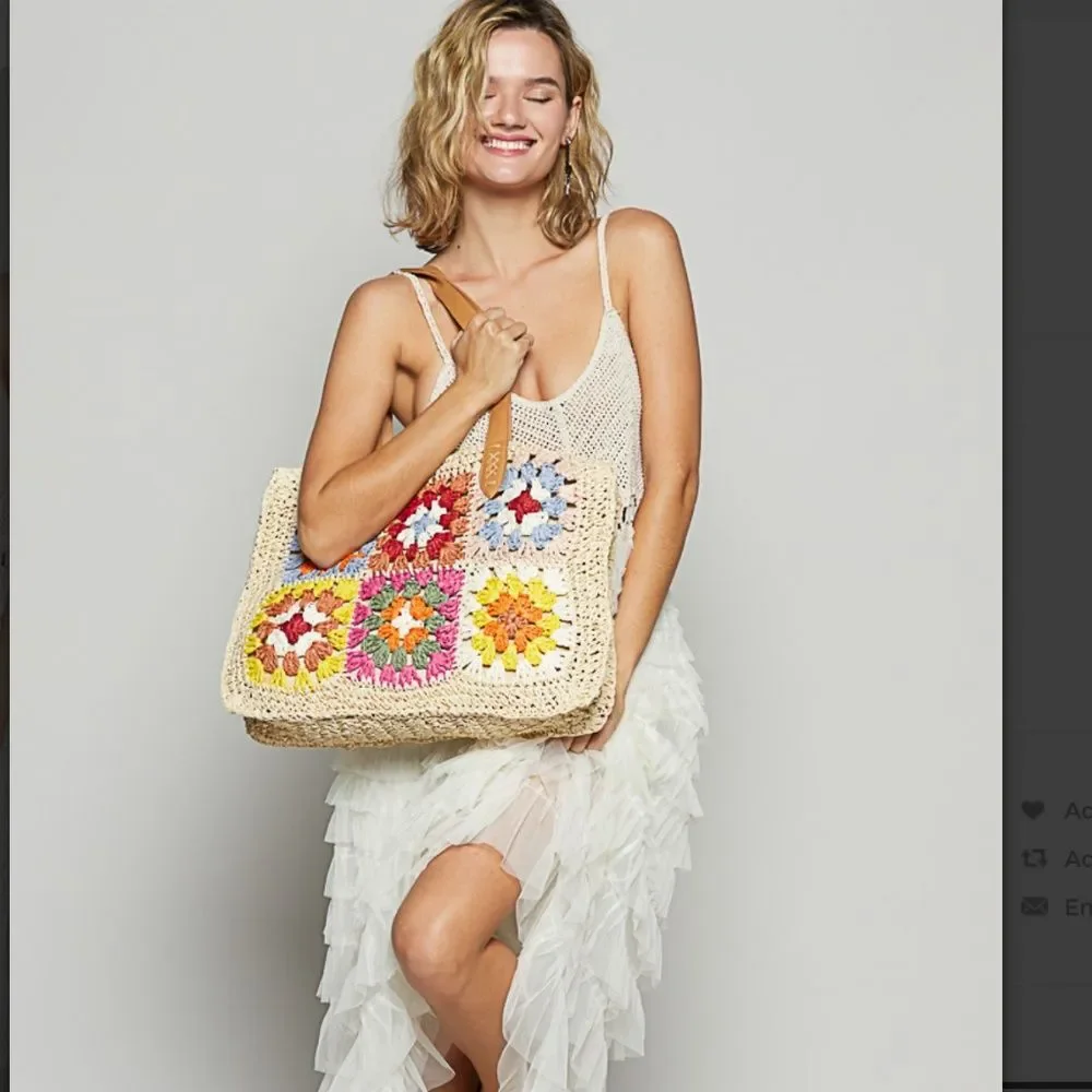 POL bag POL tote Multicolor Crochet Patchwork Straw Tote with Tan Handles NEW